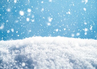 Naklejka premium Close-up of snow-covered ground with falling snowflakes and a blue sky background Generative AI