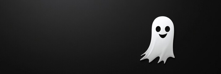 Halloween banner with cute white ghost on black background, place for text on the left, spooky but playful holiday theme