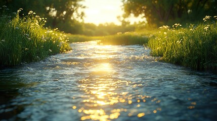 Tranquil Riverbank with Soft Grass and Gentle Current: Ideal for Nature Backdrop