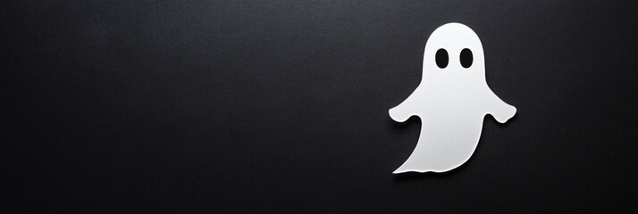 Halloween banner with cute white ghost on black background, place for text on the left, spooky but playful holiday theme