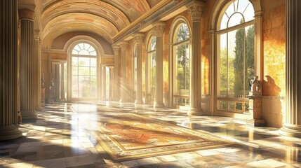 Obraz premium Roman villa gallery with mosaic of gladiators in combat sunlight from arched windows