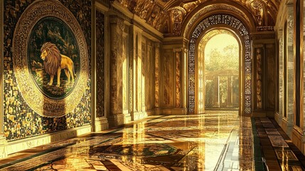 Obraz premium Ornate Roman villa entrance hall with hunting lion mosaic golden light from sun