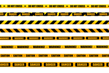 Yellow “Do Not Cross,” “Caution,” “Danger,” and “Warning” tape overlapping in multiple lines, used to mark hazardous or restricted areas.