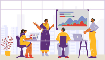 Vector illustration of a meeting of a team of young Indian specialists in traditional clothes