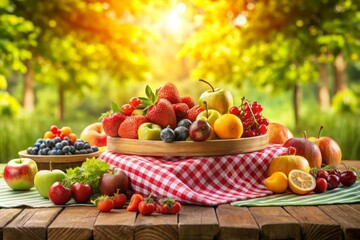 fruits in the basket on a wooden table on green garden background
