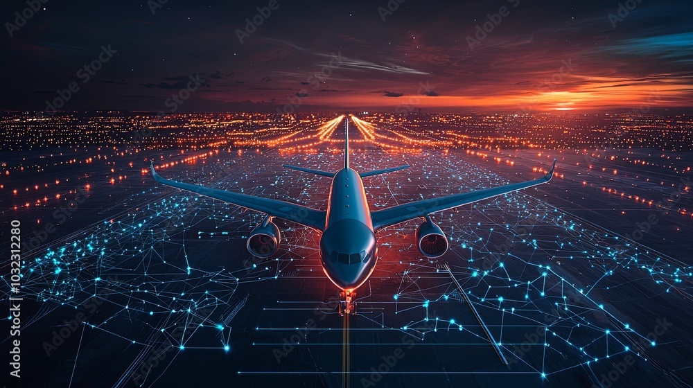 Canvas Prints an airplane on a runway flanked by glowing lines and lights extends into the horizon, illustrating t