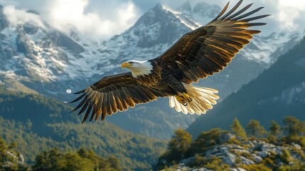 Naklejka premium Regal Bald Eagle Soaring Above Majestic Mountains