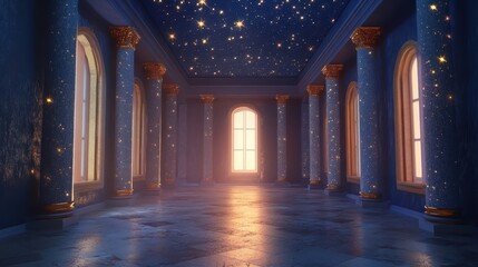 Fototapeta premium Constellation mosaic in Roman gallery gold stars on deep blue background serene light