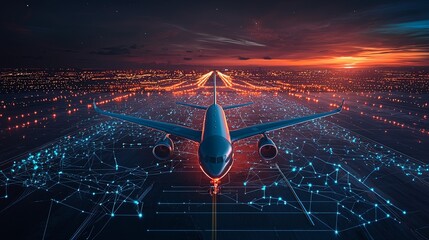 An airplane on a runway flanked by glowing lines and lights extends into the horizon, illustrating the fusion of technology and futuristic air travel.