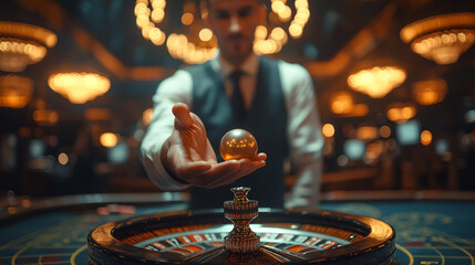 The croupier holds a roulette ball in a casino in his hand with bokeh background. Taking Risks and Placing Bets on a Roulette Wheel in a Casino.