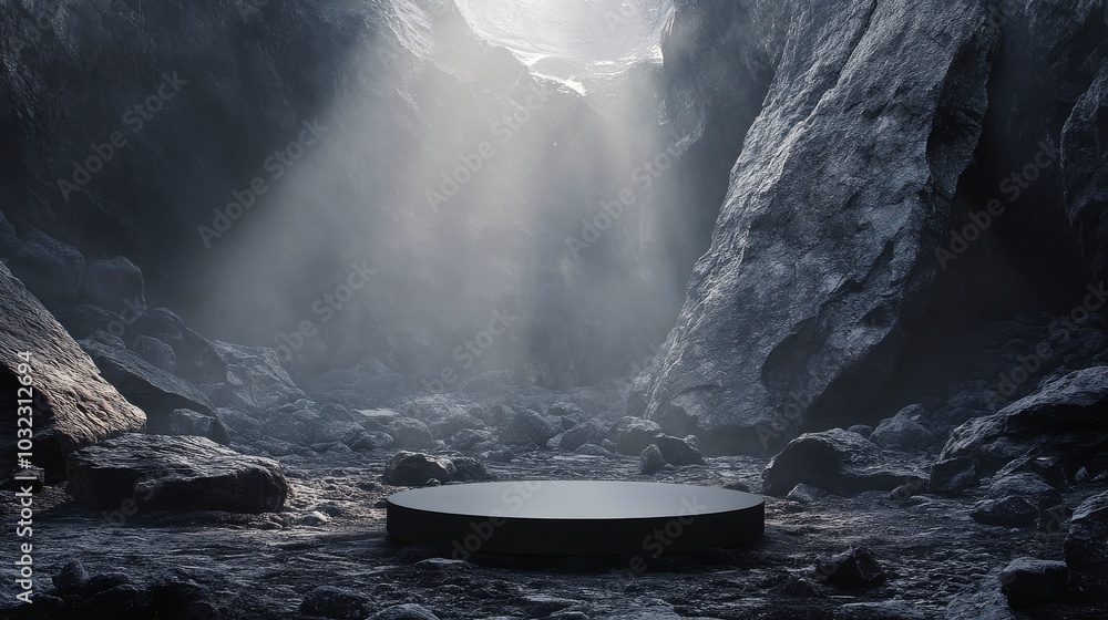 Aufkleber mysterious circular platform in a shadowy cave illuminated by beams of light at dusk