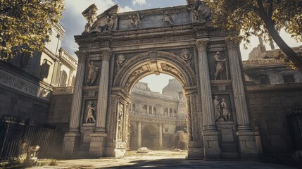 Roman triumphal arch with carvings of soldiers and battles soft afternoon light highlighting details