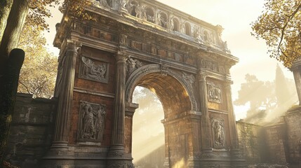 Obraz premium Reddish-brown triumphal arch with battle scenes etched sunlight creating sharp shadows
