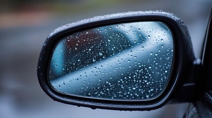 A close-up shot of a car's side mirror covered in raindrops.