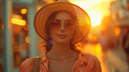 A joyful young woman with shopping bags, checking her phone while strolling through an upscale shopping district.