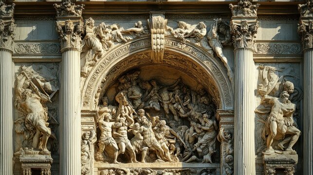 Roman arch with detailed carvings of war scenes soft sunlight highlighting intricate reliefs