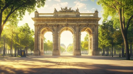 Obraz premium Wide triumphal arch with three archways reliefs of victory laurels bright sunlight casting shadows