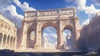 Smooth limestone arch adorned with emperor and warrior reliefs strong midday shadows