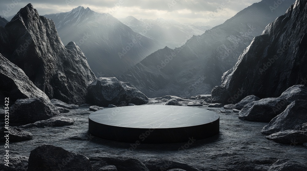 Aufkleber mysterious circular platform in a shadowy cave illuminated by beams of light at dusk
