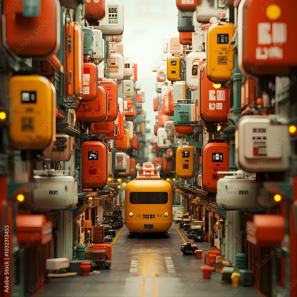 Poster Colossal streamlined container vessels of the future equipped with intelligent automation systems and precision robotic arms for seamless cargo handling navigating through a bustling