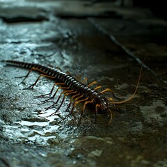 Fototapeta premium Centipede Crawling on Damp Basement Floor Numerous Legs Syncing to Create Unease
