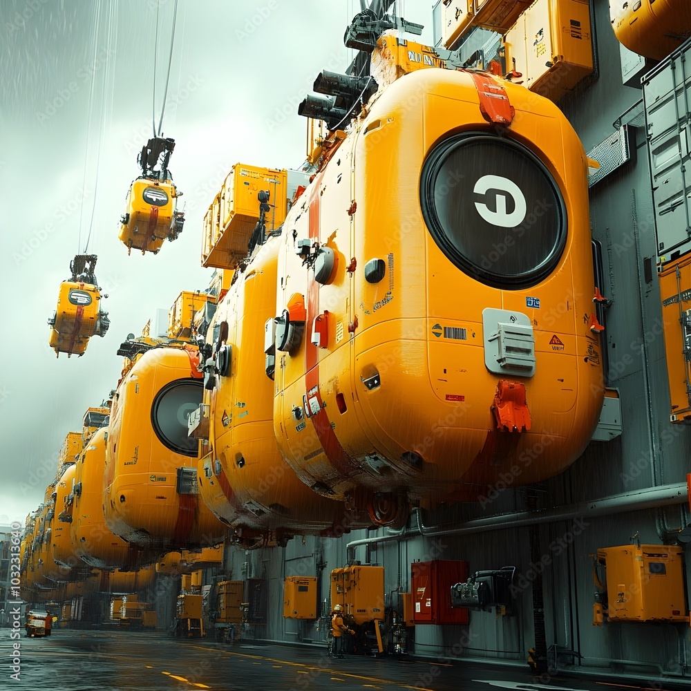 Poster Towering cargo container ships of the future featuring sleek and aerodynamic hulls with advanced hydrodynamic designs intricate robotic loading and unloading mechanisms