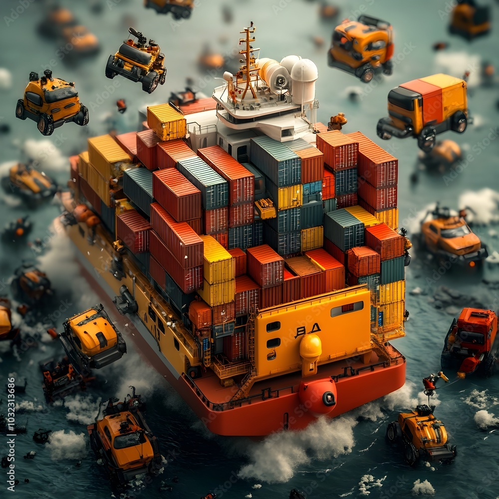 Poster towering cargo container ships of the future with sleek and aerodynamic hulls featuring advanced hyd