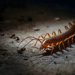 Fototapeta premium Centipede Crawling on Damp Basement Floor Legs Moving in Sync
