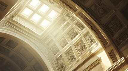 Coffered ceiling with floral patterns carved into squares sunlight casting bright highlights