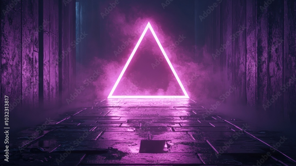 Wall mural glowing purple neon triangle with foggy background on wet surface generative ai