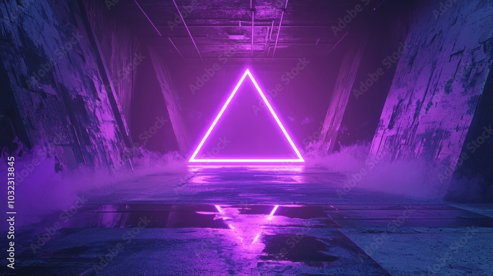Wall mural glowing purple neon triangle with foggy background on wet surface generative ai