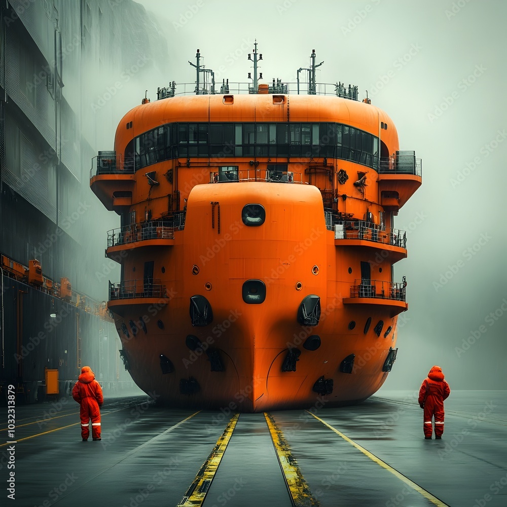 Poster massive technologically advanced container ships with sleek hull designs and autonomous loading syst
