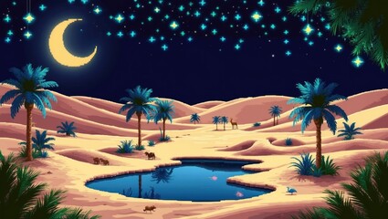 Illustration for children, lake in the desert, night