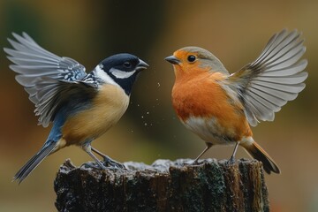 Toward a robin (IErithacus rubecula), a bullfinch (pyrrhula pyrrhula) displays aggressive and food-guarding behavior.