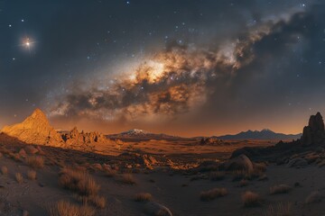 Obraz premium Using generative stock, a night sky with stars and the moon shines over a desert dune