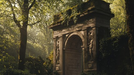 Fototapeta premium Overgrown triumphal arch with Roman battle scenes moss ivy and sunlight filtering through