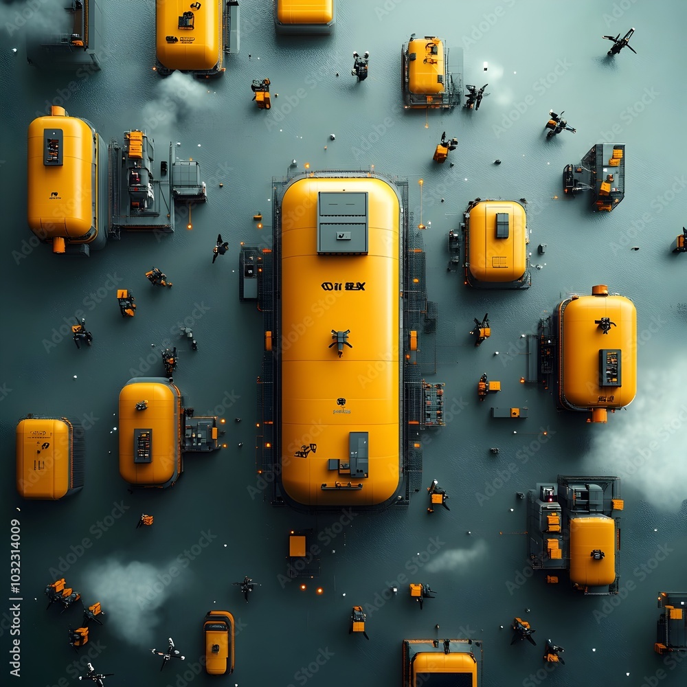Poster futuristic cargo freighters with modular autonomous hull designs and drone fleets handling advanced 