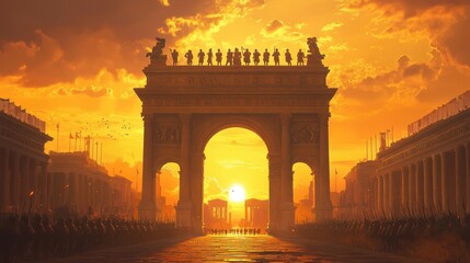 Reddish-brown granite arch with Roman soldiers carved in detail glowing in setting sun