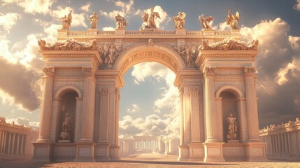 Obraz premium Grand sandstone arch with statues atop Corinthian columns sunlight casting long shadows