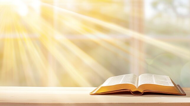 Sunlit open Bible book on wooden table with bright room background