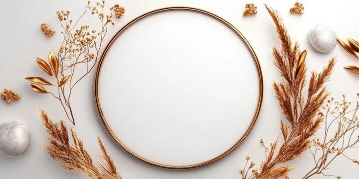 Round frame with dry flowers and pebbles on a white background for decoration or design.