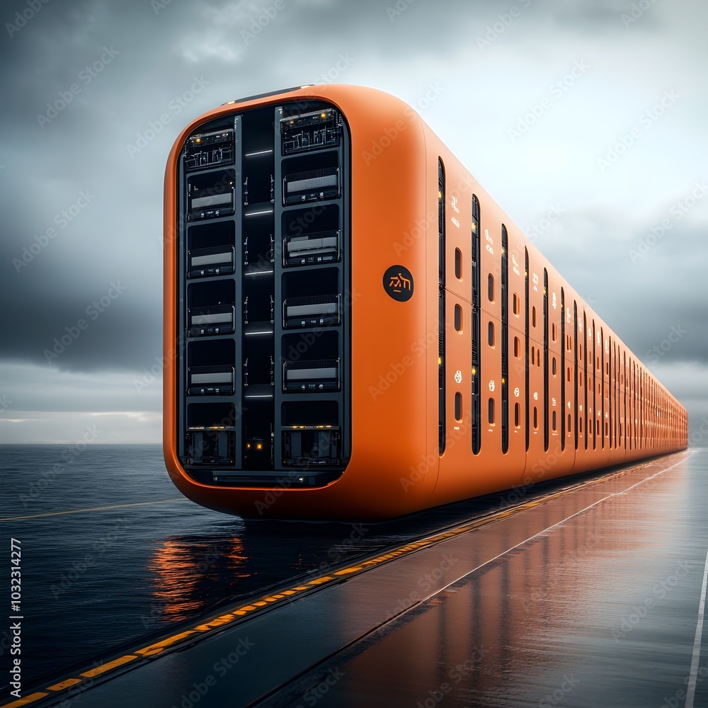 Poster enormous state of the art container vessels showcasing futuristic hull shapes and autonomous loading