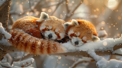 Adorable red pandas curled up in a snow-covered tree.