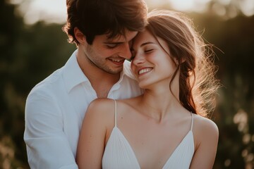 Obraz premium A couple, a man in a white shirt and a woman in a light dress, smiling at each other, the man holding the woman in a gentle embrace, bright sunlight softly illuminating their faces