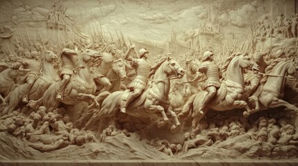 Roman battle scene carved in marble horses and soldiers in motion glowing in diffused light