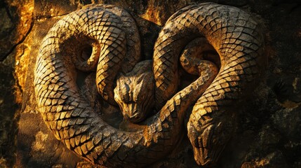 Stone relief of intertwined serpents scales finely carved glowing in setting sun's golden light
