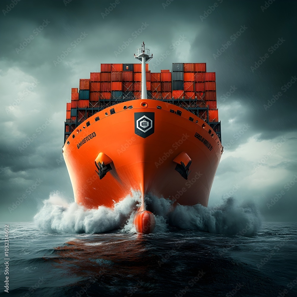 Poster Enormous state of the art container vessels showcasing futuristic hull shapes and autonomous loading capabilities driving a dynamic globally integrated supply chain