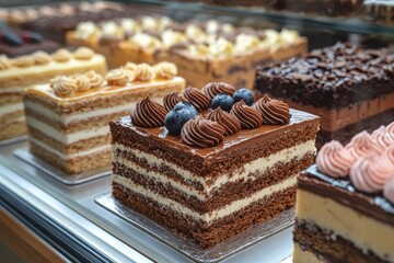 Close-up of a showcase with different tasty desserts in store