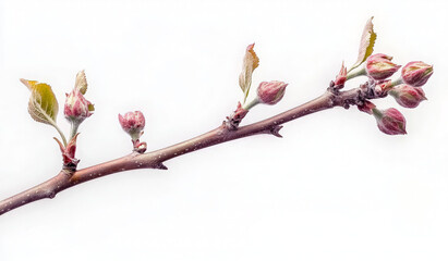 A close-up of a branch with new buds and leaves emerging in spring.