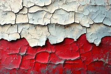 Peeling cracked paint on a red and gray weathered brick wall creating a distressed, textured surface Generative AI